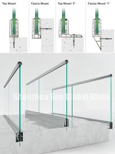 three different views of the glass railings and handrails in various stages of construction