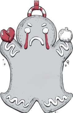 a cartoon ghost with an apple on its nose and hands in the air, while it's raining