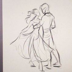 a drawing of a man and woman dancing in the wind with their arms around each other