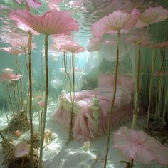 an underwater bedroom with pink bedspreads and flowers on the bedding, under water