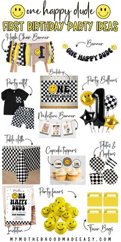 a birthday party with black and white checkered decorations, yellow cupcakes and other items