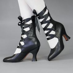 Tango Edwardian Boots are just as seductive as the Tango dance craze that swept the world in the 1910s. Designed to show off the legs, these gorgeous lace-up boots are based on several antique examples from 1900 through 1920. Tango features a deliciously curved shaft and scalloped tabs, which are laced with double-faced satin ribbon laces. Tango comes with two sets of ribbon laces, for adjustable sizing. Smooth leather uppers are stunning in a variety of beautiful colors. Tango sports a brand-ne 1800s Shoes, Goth Academia Fashion, American Duchess Shoes, Cottage Core Dark Academia, Edwardian Boots, Edwardian Shoes, Chinese Fancy Dress, Black Leather Dress Shoes, Ribbon Laces