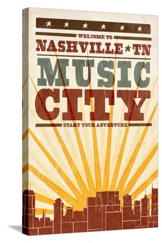 the nashville music city poster is displayed on an old - fashioned cardboard box with sunbursts