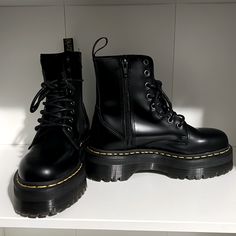 Wore Maybe Twice But For A Short Time. No Creases Or Use On Treads. On Right Show Is A Scuff On The Side Heel (See Pics), But Otherwise In Excellent-Like New Condition. No Box. But Will Be Packed Very Well To Ship. Grunge Combat Boots, Platform Boots Aesthetic, Doc Marten Platform, Emo Boots, Platform Leather Boots, Chunky Combat Boots, Dr Martens Jadon, Shoes Dr Martens, Dr Martens Shoes