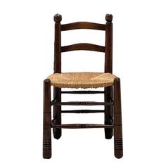 a wooden chair with a woven seat pad on it's back and side, against a white background