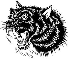 a black and white drawing of a growling wolf