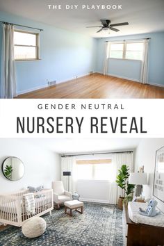 a baby's nursery room with blue walls and wood floors, the words gender neutral nursery reveal