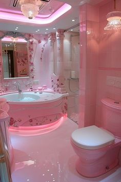 a bathroom with pink walls and flooring