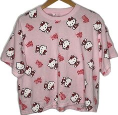 Cute Pink Printed Tops, Cute Printed Pink Top, Hello Kitty Y2k Summer Top, Pink Y2k Style Printed Tops, Pink Y2k Printed Tops, Y2k Pink Printed Tops, Pink Printed Y2k Tops, Hello Kitty Fun Crew Neck Top, Hello Kitty Crew Neck Fun Tops