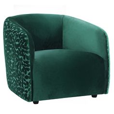 a green chair with an animal print pattern on the armrests and foot rest