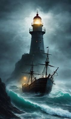 a painting of a ship in the ocean with a light house on it's side