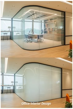 two pictures of an office with glass walls and wooden floors, one showing the interior design