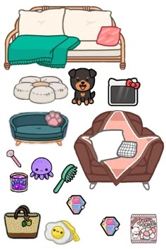 a bunch of items that are sitting on a table and in front of a couch