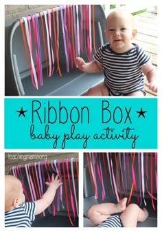 a baby playing with ribbon in the back of a car seat, and an image of a