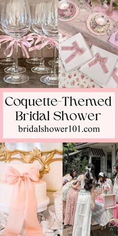 collage of photos with pink and white theme for bridal shower party, including champagne glasses