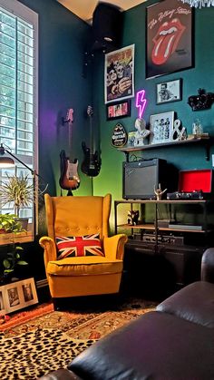 Music room and Art room. Turned our formal dining room to a multiuse room. #roommakeover #musicroom Music Room Wall Paint Ideas, Rock N Roll Lounge Room, Classic Rock Themed Room, Music Room Ideas Aesthetic, Musical Home Decor, Game Music Room, Living Room Music Theme, Music And Gaming Room, Rock Star Room Decor