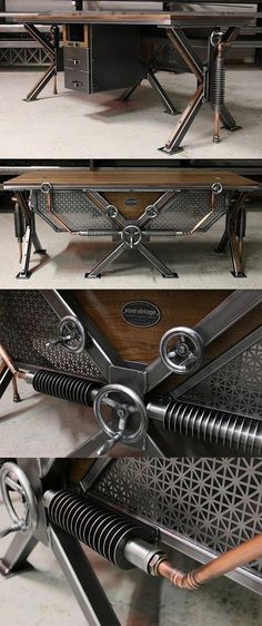 three different views of an office desk made out of metal pipes and wood, including the top