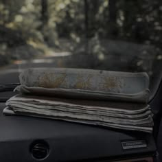 newspapers are sitting on top of the dashboard of a car in front of some trees