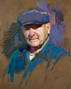 a painting of an older man wearing a blue hat and jacket with his eyes closed