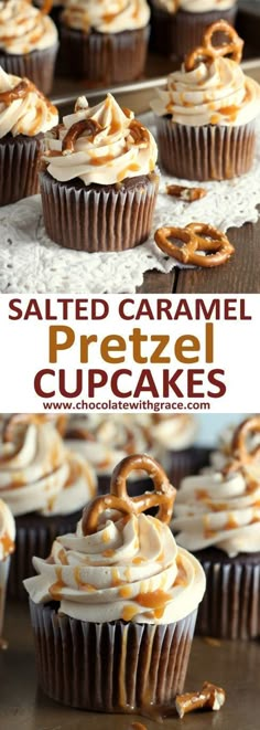 salted caramel pretzel cupcakes with frosting and pretzels on top