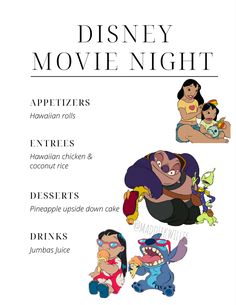 the disney movie night menu is shown in black and white, with cartoon characters on it