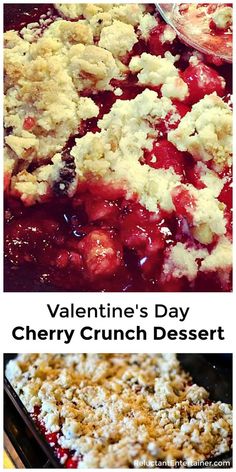 valentine's day cherry crunch dessert with crumbled toppings on top and below