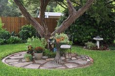 an outdoor table and chairs under a tree