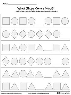 what shape comes next? worksheet for kids to learn shapes and numbers with pictures