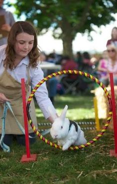 a woman is playing with her rabbit in the park