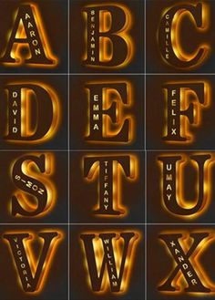 the golden alphabet is shown with different letters and numbers in each letter, which are also illuminated