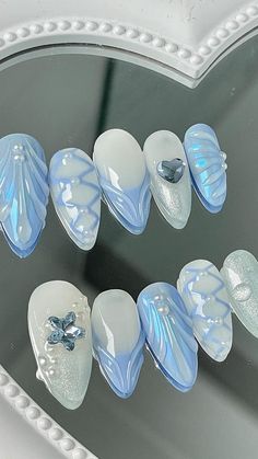 Acrylic Nail Design Inspiration, Blue Nails Aesthetic Design, Press On Nail Photography Ideas, Blue 3d Nail Art, 3d Water Nails, Press On Nail Designs Nailart, Ice Blue Nail Designs, Nail Press On Designs, 3d Gel Nail Art Design