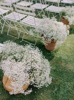 small white flowers are in baskets on the grass near rows of lawn chairs with folding chairs behind them