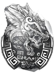 a black and white drawing of a skull with feathers on it's head, surrounded by other symbols