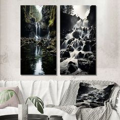 two black and white pictures hanging on the wall above a couch in a living room