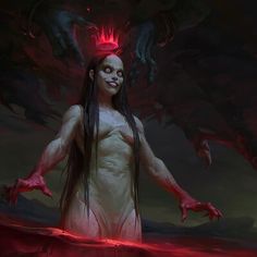 a woman with long hair standing in water next to a demon like creature and red light coming from her head