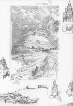 some drawings are shown in black and white, with buildings on the other side of it