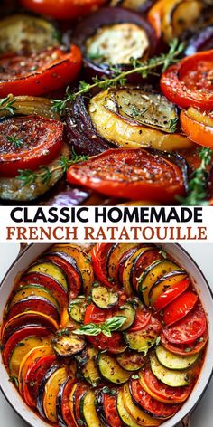 the side by side image shows different types of grilled vegetables, with text overlay that reads classic homemade french ratatoulie