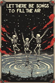 three skeletons are dancing in the water with their arms up