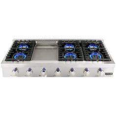 four burners with blue lights on the top and bottom, in front of a white background