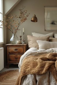 a bed sitting under a window next to a wooden dresser and lamp on top of a rug