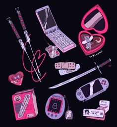 various items are arranged in the shape of a heart on a black background with pink accents