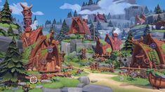 an animated village with lots of trees and houses in the background, surrounded by mountains