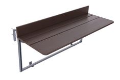 a brown bench sitting on top of a metal frame