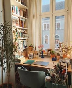 a desk with books and plants in front of two windows, next to a blue chair