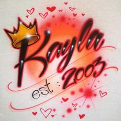 the back side of a t - shirt with graffiti writing on it and hearts in the background