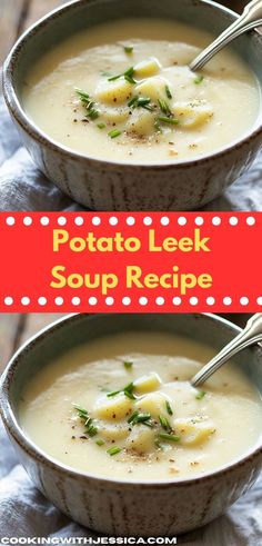 two bowls filled with potato leek soup