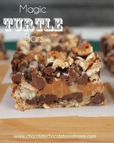 chocolate caramel and nutty turtle bars are stacked on top of each other with text overlay