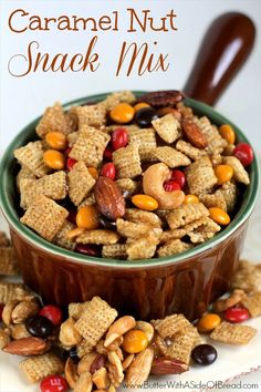 a bowl full of caramel nut snack mix with the title in the middle above it