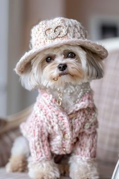 a small white dog wearing a pink sweater and hat with pearls on it's head