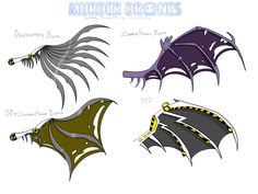 four different types of dragon wings are shown in three different colors and sizes, one is purple